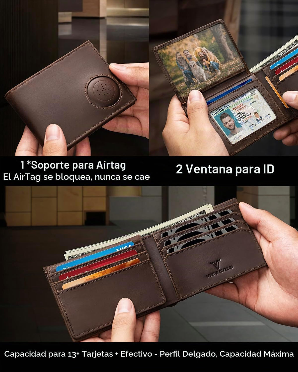 Cartera para hombre con soporte Airtag, 2 ventanas para