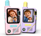 KJAI Walkie Talkies de video para niños, paquete de 2 con cámara giratoria de 180°, cambiador de voz, 10 divertidos efectos adhesivos, clip y cordón, juguetes al aire libre y regalos de cumpleaños
