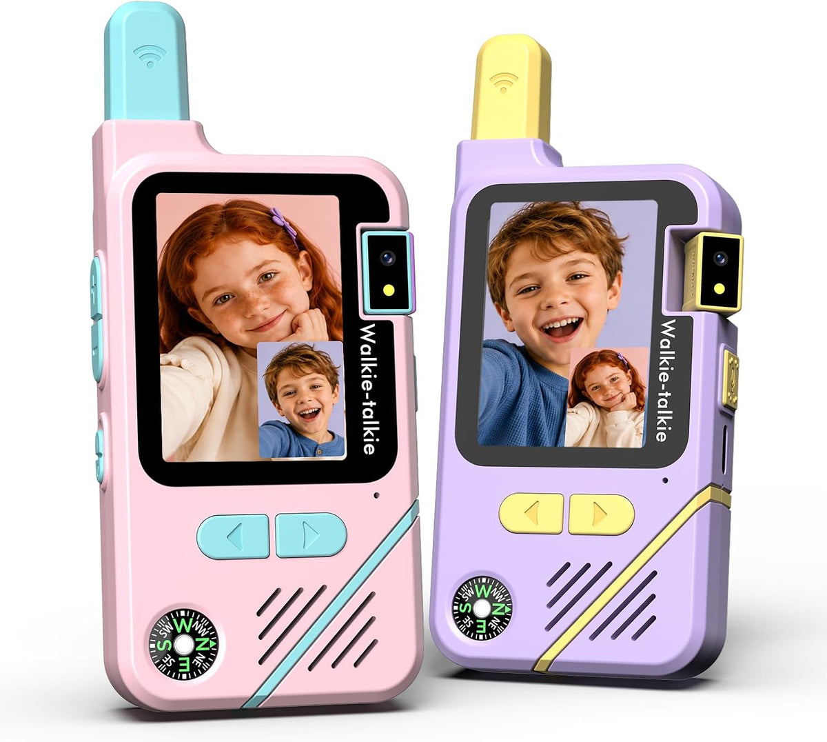 KJAI Walkie Talkies de video para niños, paquete de 2 con cámara giratoria de 180°, cambiador de voz, 10 divertidos efectos adhesivos, clip y cordón, juguetes al aire libre y regalos de cumpleaños