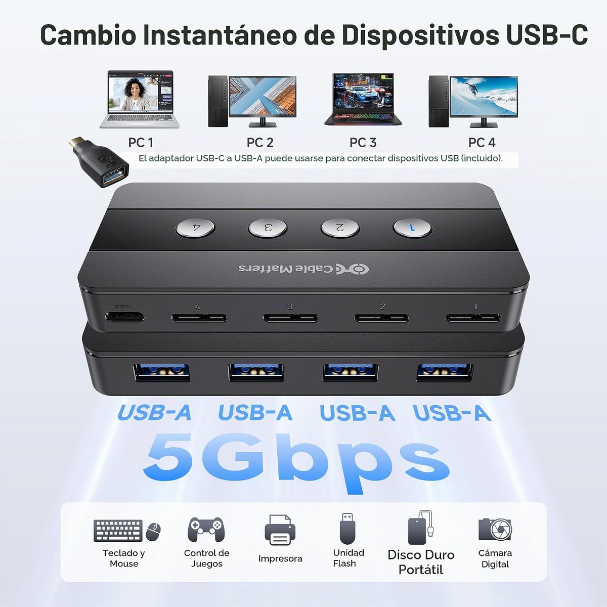 Cable Matters Conmutador USB 3.0 de 4 puertos para 4 computadoras, soporte