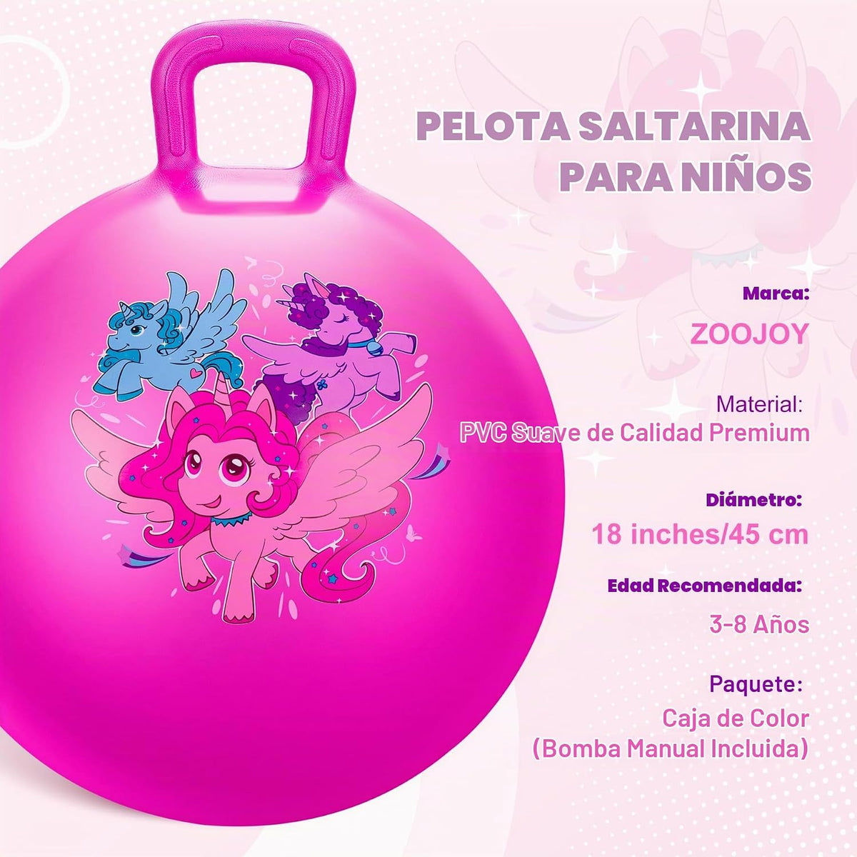 Pelota de tolva para niños de 3 a 8 años, bola hinchable de 18 pulgadas con asa, unicornio