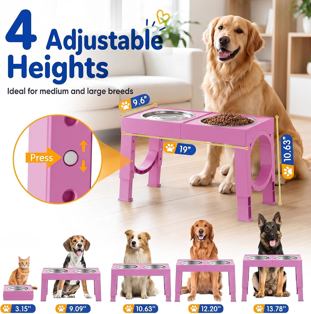 XIAZ Cuencos elevados para perros de razas grandes, soporte para tazones elevados para perros, tamaño grande/mediano, acero inoxidable, para alimentos, agua, 5 alturas ajustables de 9/11/12/14 pulgadas, estación de platos para comederos para mascotas