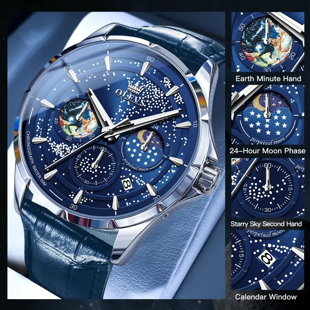 Reloj para Hombre OLEVS Esfera Cielo Estrellado Fase Lunar Lujo Negocios Analógico Cuarzo Clásico Casual Fecha Resistente al Agua Luminoso