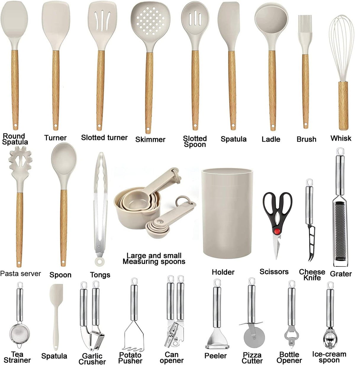 Juego de utensilios de cocina - 35 piezas de utensilios de cocina con rallador, pinzas, espátula de cuchara y girador hechos de silicona resistente al calor de grado alimenticio y asas de madera,