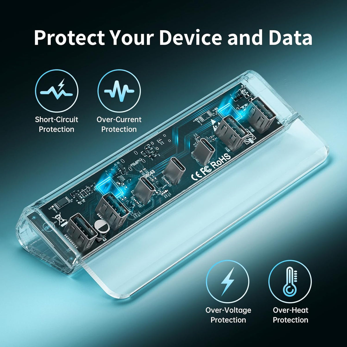 FIDECO, H708C43, hub USB 3.2 de 7 puertos, alimentado