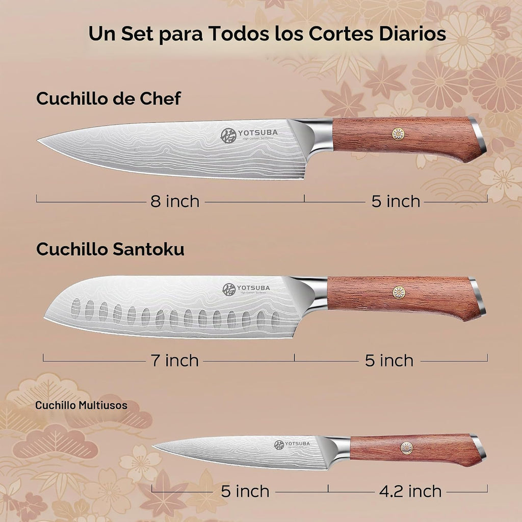 YOTSUBA 3 PIECES Juego de Cuchillos de Cocina Japoneses con Mango de Madera de Rosewood y Funda Completa