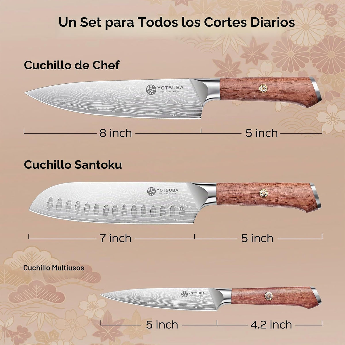 YOTSUBA 3 PIECES Juego de Cuchillos de Cocina Japoneses con Mango de Madera de Rosewood y Funda Completa