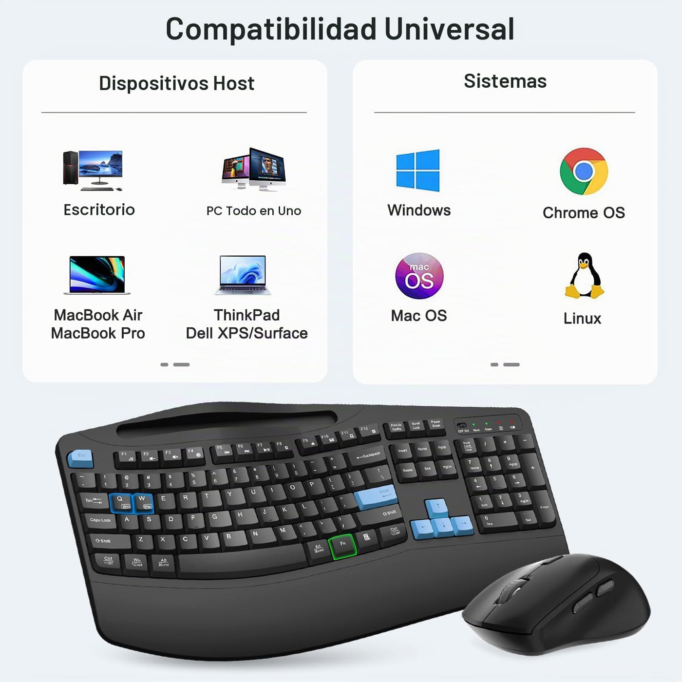 Combo de teclado y mouse inalámbricos, teclas de onda ergonómicas d...