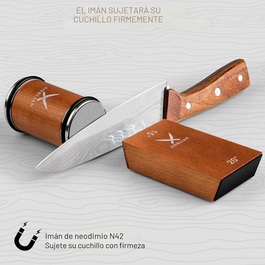Herramienta de afilador de cuchillos, kit de afilador de cuchillos rodantes, afilado de cuchillos con diamantes y cerámica para acero de cualquier dureza, afilador de cuchillos de cocina con ángulo magnético de 15 y 20 grados (marrón)