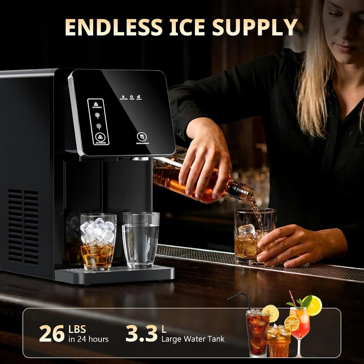 COWSAR Máquina Generadora de Hielo 2 en 1 para Encimita con Dispensador de Agua, Negro