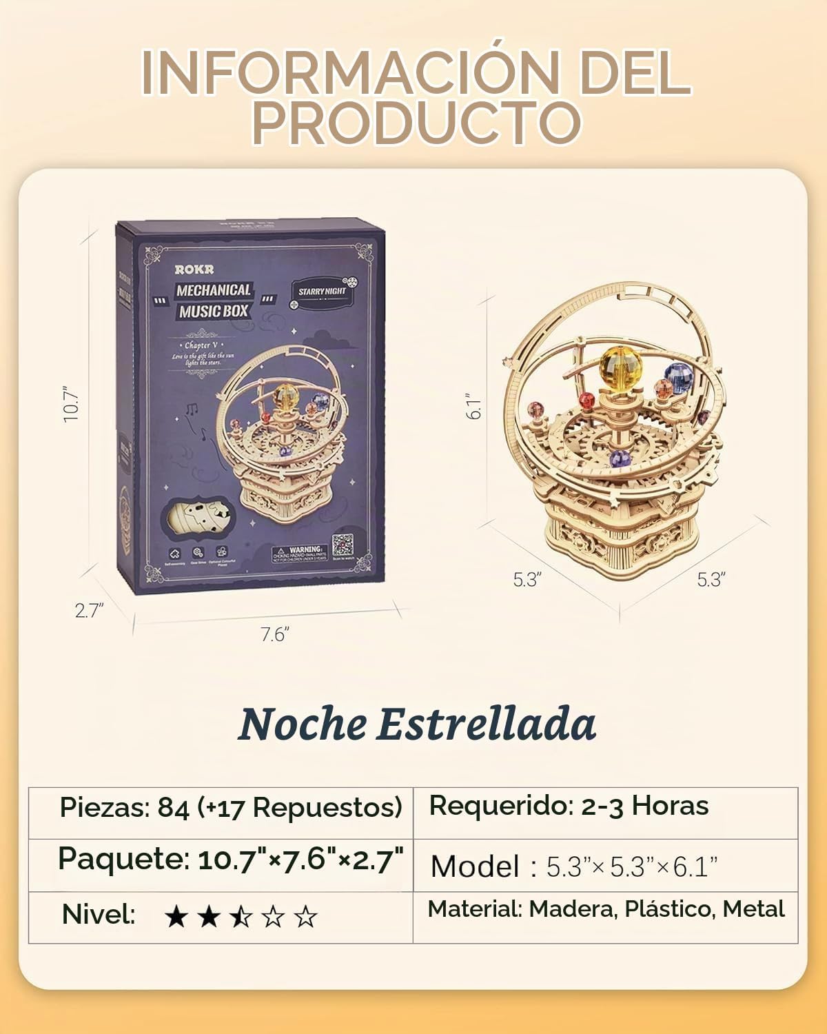 ROKR Rompecabezas 3D para adultos, caja de música Orrery, juego de construcción de modelo de madera, kit de manualidades de madera para bricolaje, kit de sistema solar, juguetes STEM, regalos para hombre y mujer