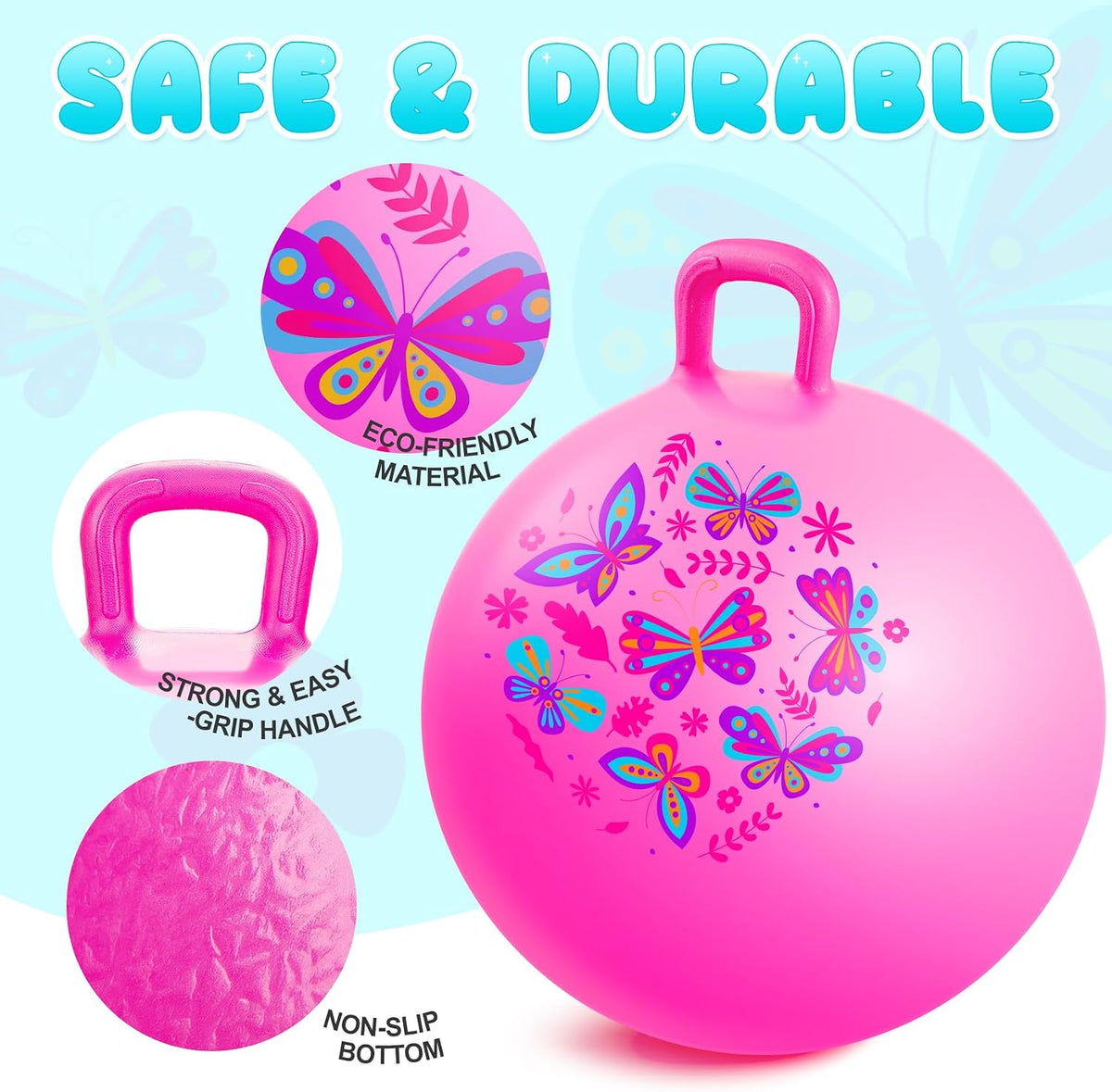 Pelota saltarina PlayZap para niños de 3 a 8 años, pelota hinchable rosa de 18 pulgadas con asas, juguetes inflables hippity hop para saltar y rebotar para interiores y exteriores para niños y niñas
