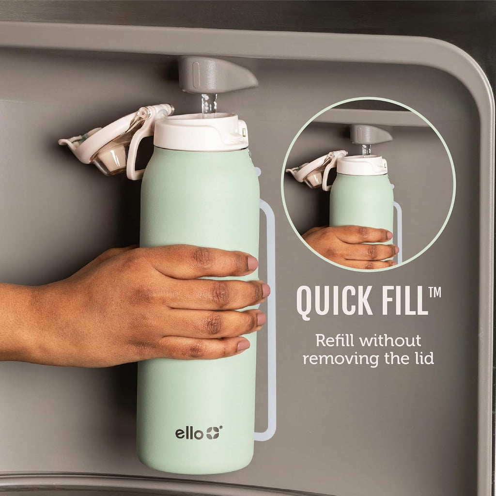 Ello Pop & Fill - Botella de agua aislada de acero inoxidable con tapa de llenado rápido, cierre a prueba de fugas, boquilla para sorber o beber, sin BPA, doble pared aislada al vacío para deportes