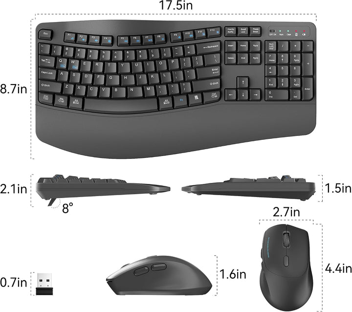 Combo de teclado y mouse inalámbricos, teclas onduladas de tamaño c...