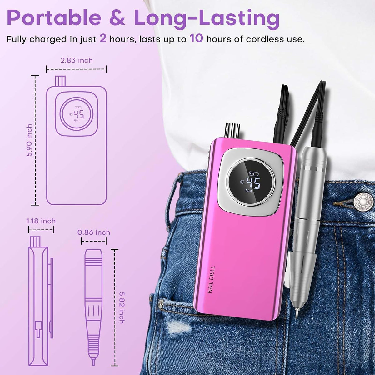 Taladro de uñas eléctrico profesional: lima de uñas recargable con brocas para uñas de gel acrílico, herramientas de forma de pulido profesional para manicura y pedicura para el salón del hogar