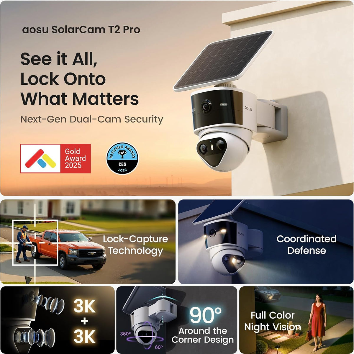 aosu Cámara de seguridad para exteriores T2 Pro 3K Dual Cam, alimentada por