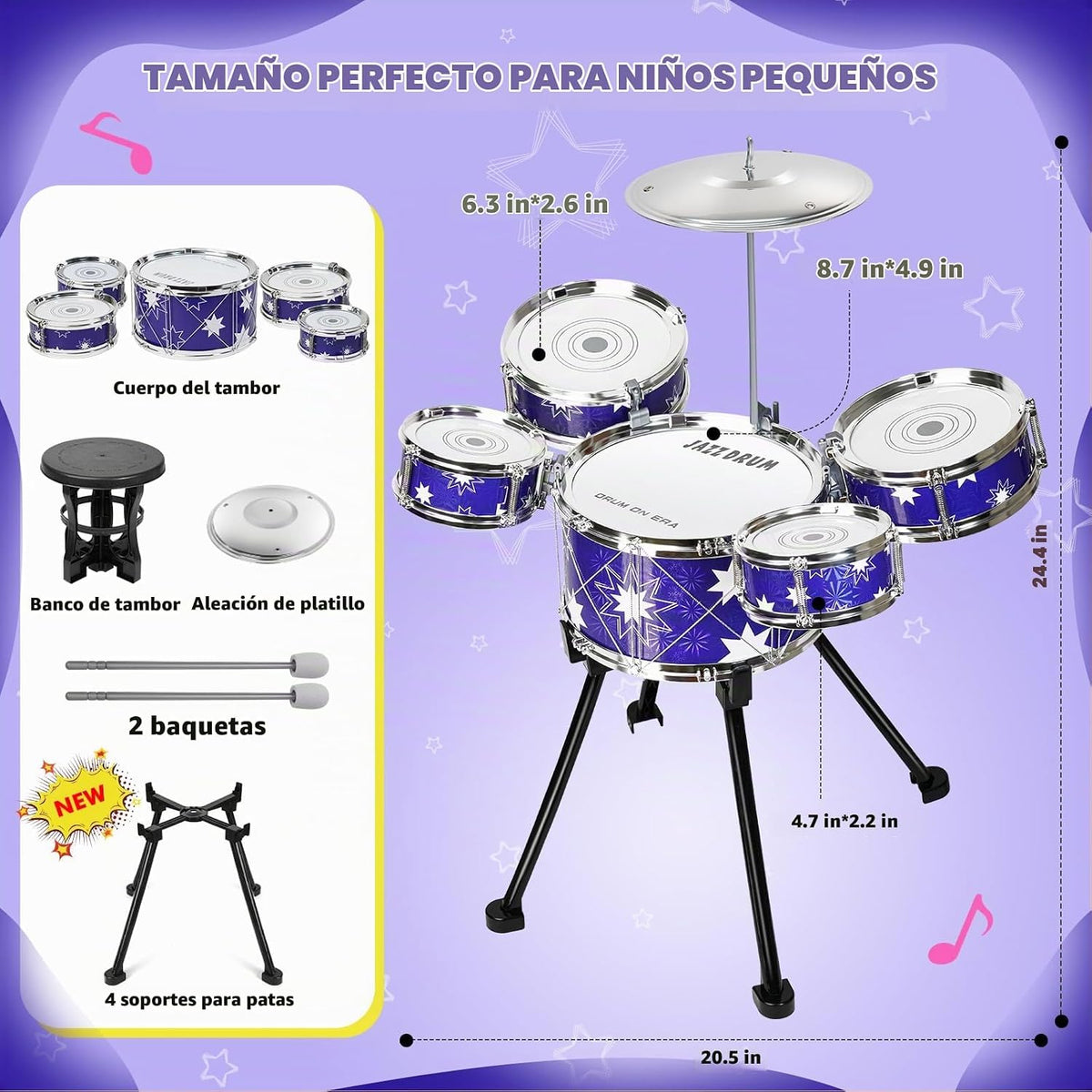 Juego de batería mejorado para niños pequeños de 3 a 5 años, kit de batería de jazz con 5 tambores de percusión musical, juguetes para niños y niñas, regalos
