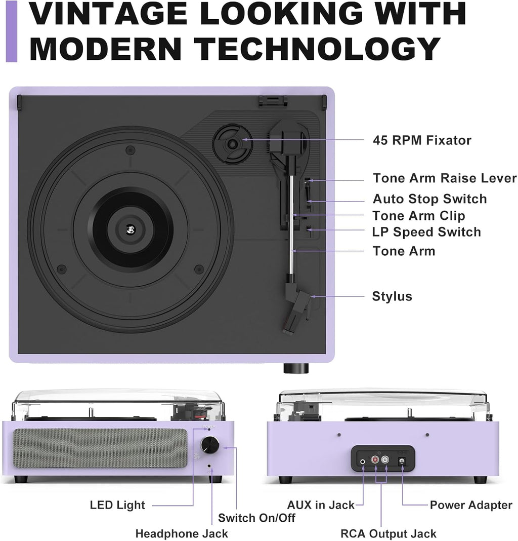 Reproductor de discos de vinilo todo en uno con altavoces, tocadiscos con transmisión por correa de 3 velocidades, 3 tamaños, 33 1/3 45 78 RPM, BT inalámbrico, entrada para auriculares AUX, RCA
