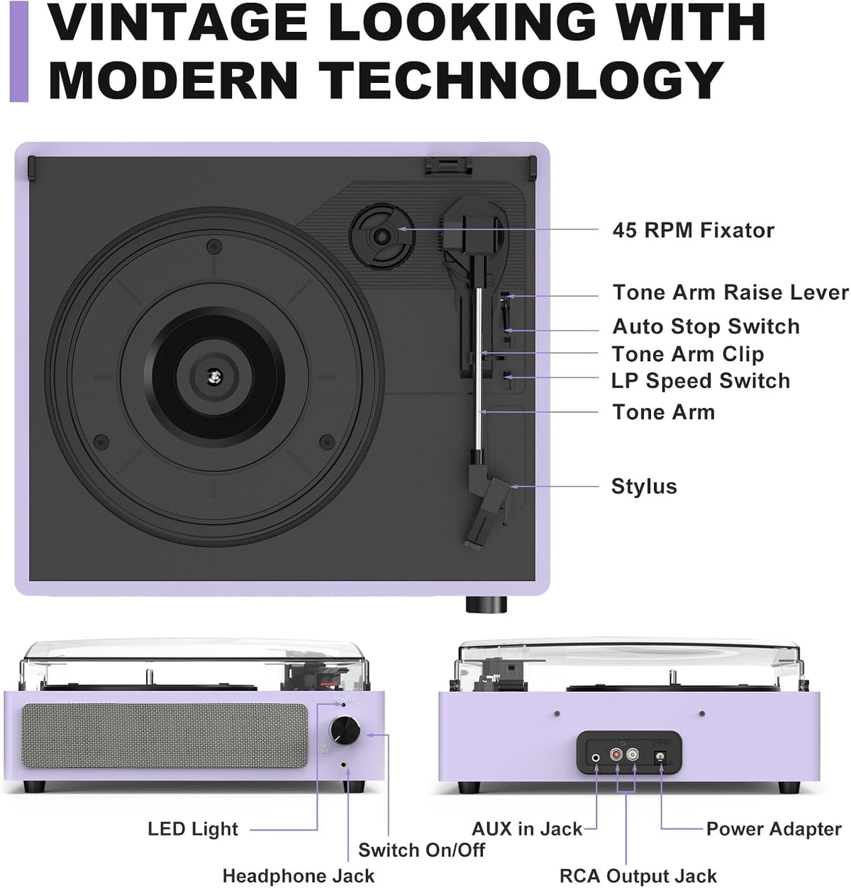 Reproductor de discos de vinilo todo en uno con altavoces, tocadiscos con transmisión por correa de 3 velocidades, 3 tamaños, 33 1/3 45 78 RPM, BT inalámbrico, entrada para auriculares AUX, RCA