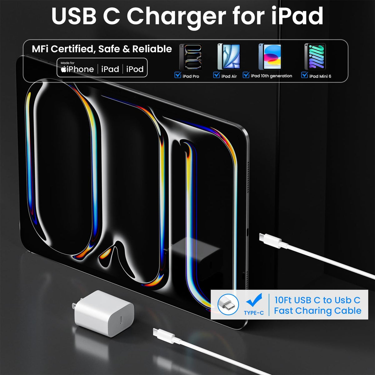 Paquete de 2 cargadores de pared USB C de 20 W con cable de carga rápida USB C a USB C de 10 pies de largo para Apple iPad Pro de 13/12.9/11 pulgadas, iPad A16/10ª generación, iPad Air 11/13 pulgadas