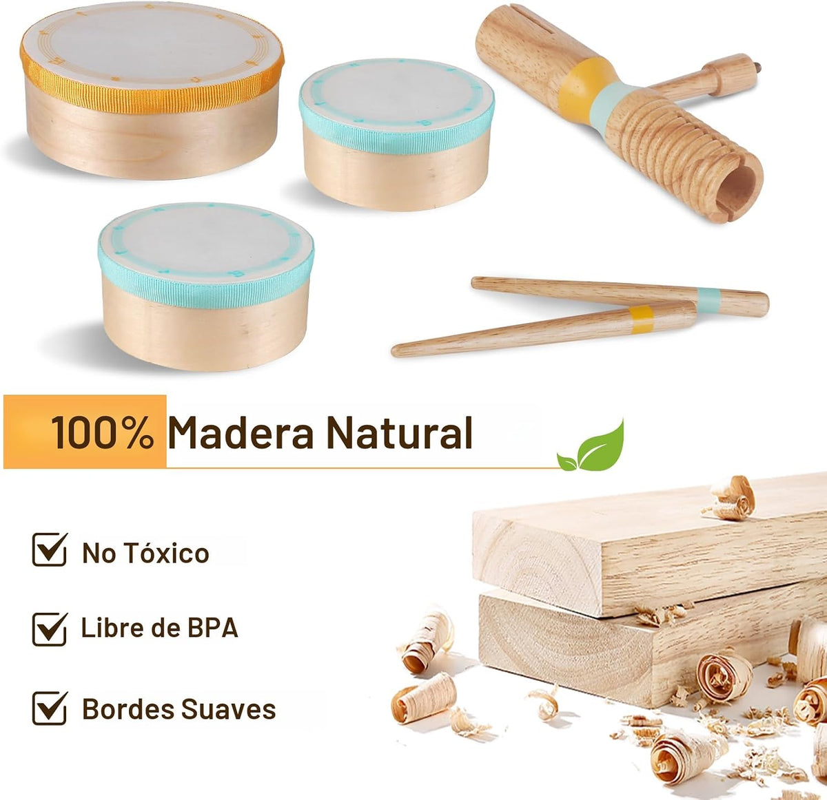 Juego de batería de madera para niños de 2 a 3 años Montessori Instrumentos Musicales Juguete