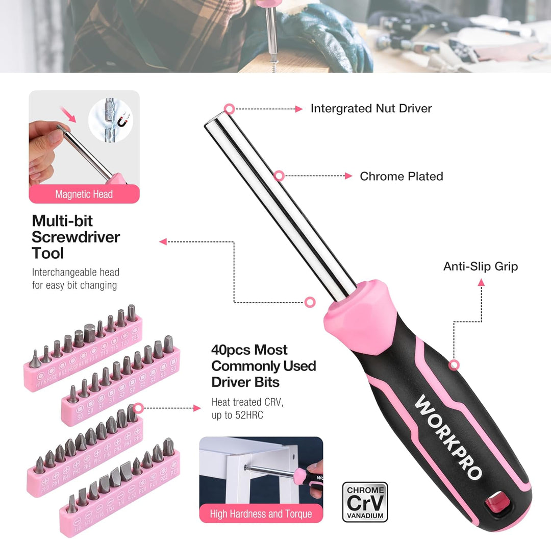 WORKPRO Juego de herramientas rosa, kit de herramientas de 258 piez...