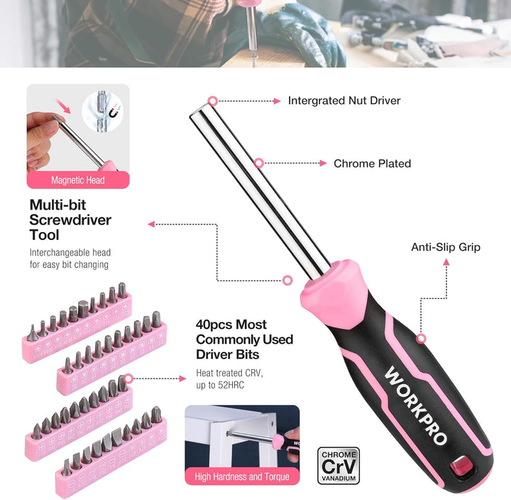 WORKPRO Juego de herramientas rosa, kit de herramientas de 258 piez...