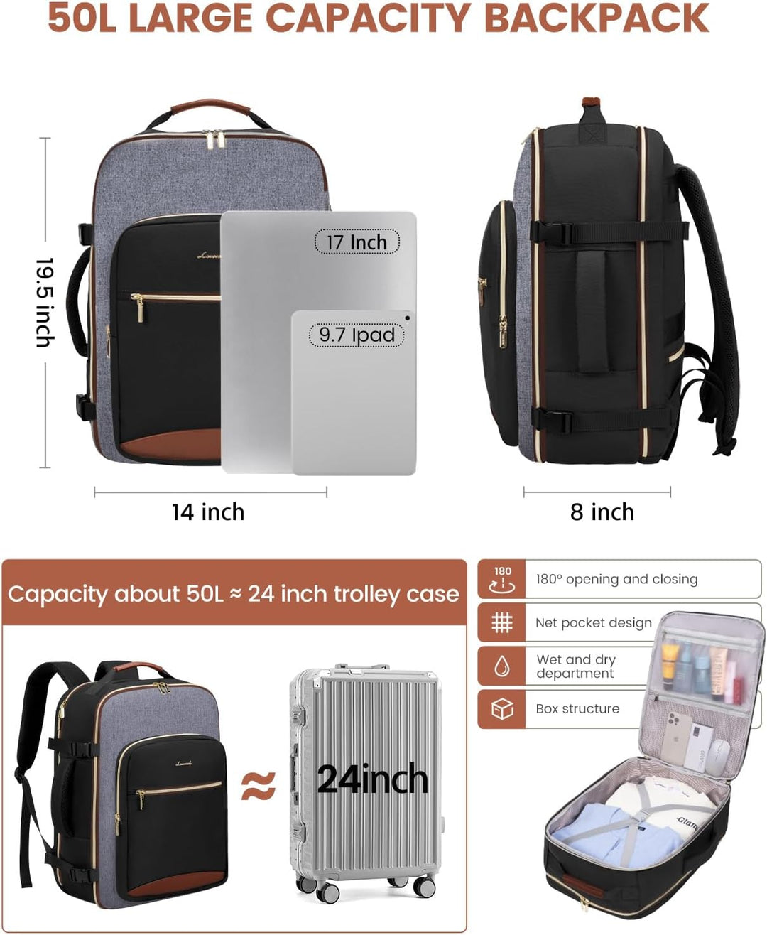 LOVEVOOK 50L - Mochila de viaje para mujeres y hombres, equipaje de...