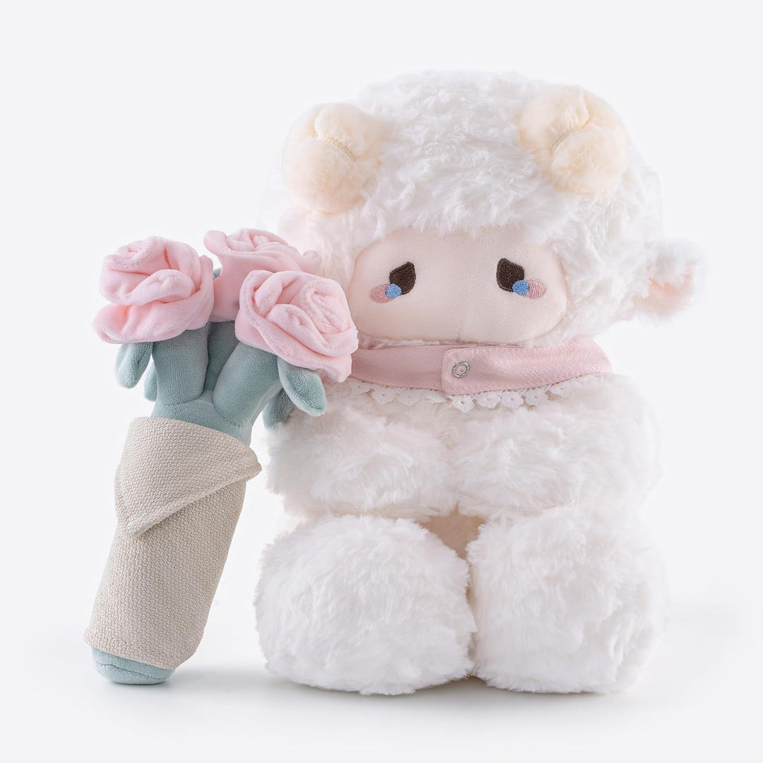 Peluche de cordero blanco de 11.4 pulgadas con ramo extraíble de ro...