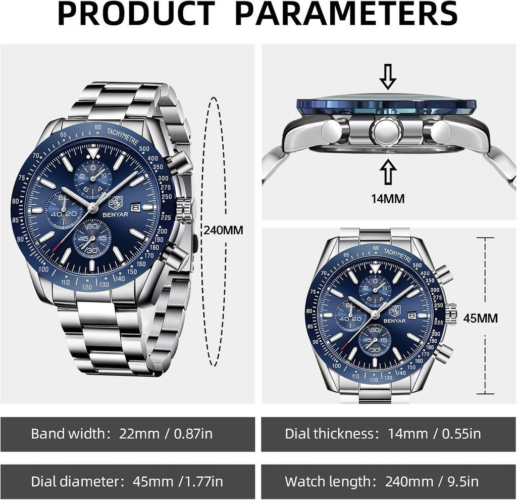 BENYAR Relojes de pulsera para hombre, cronógrafo analógico, de cuarzo, impermeables, para negocios, trabajo, casual, deportivo, con calendario