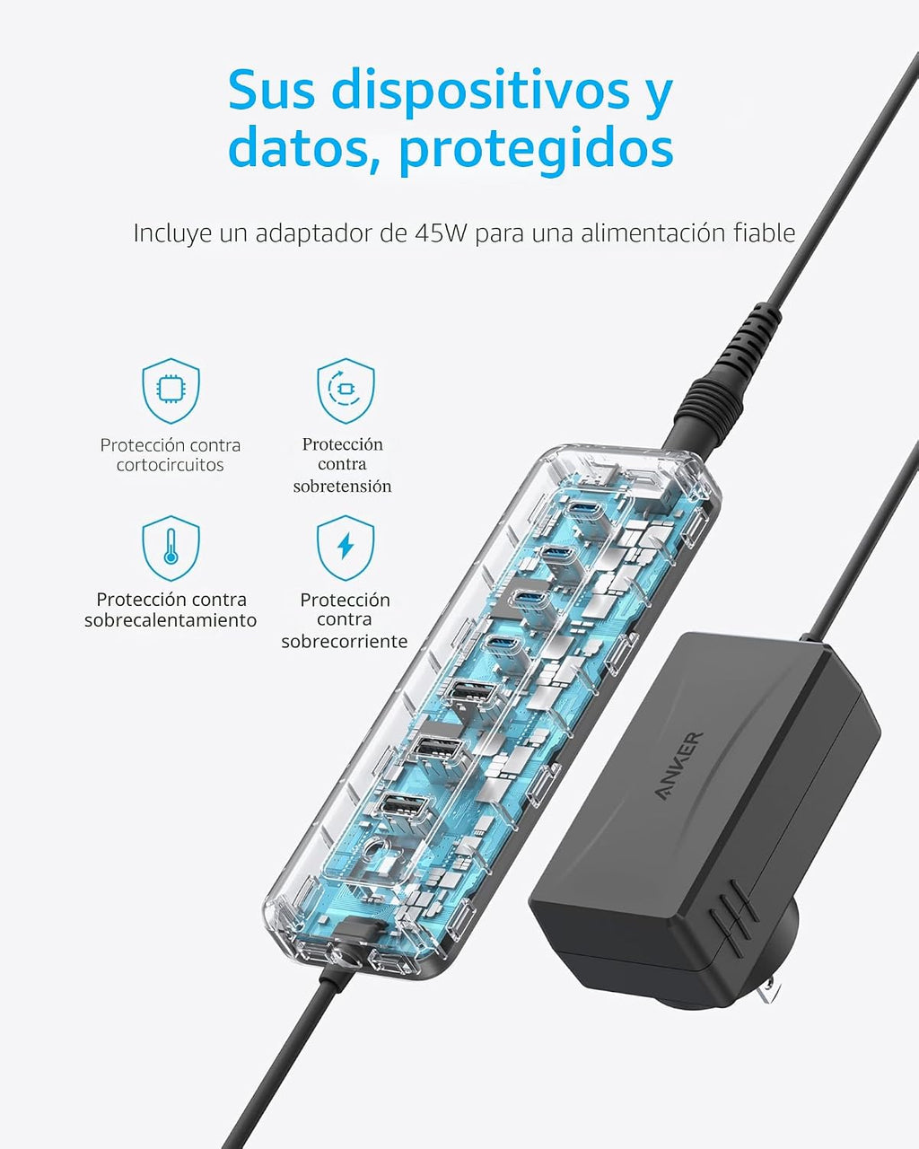 Anker, A8307, hub USB 2 de 3 puertos, alimentado