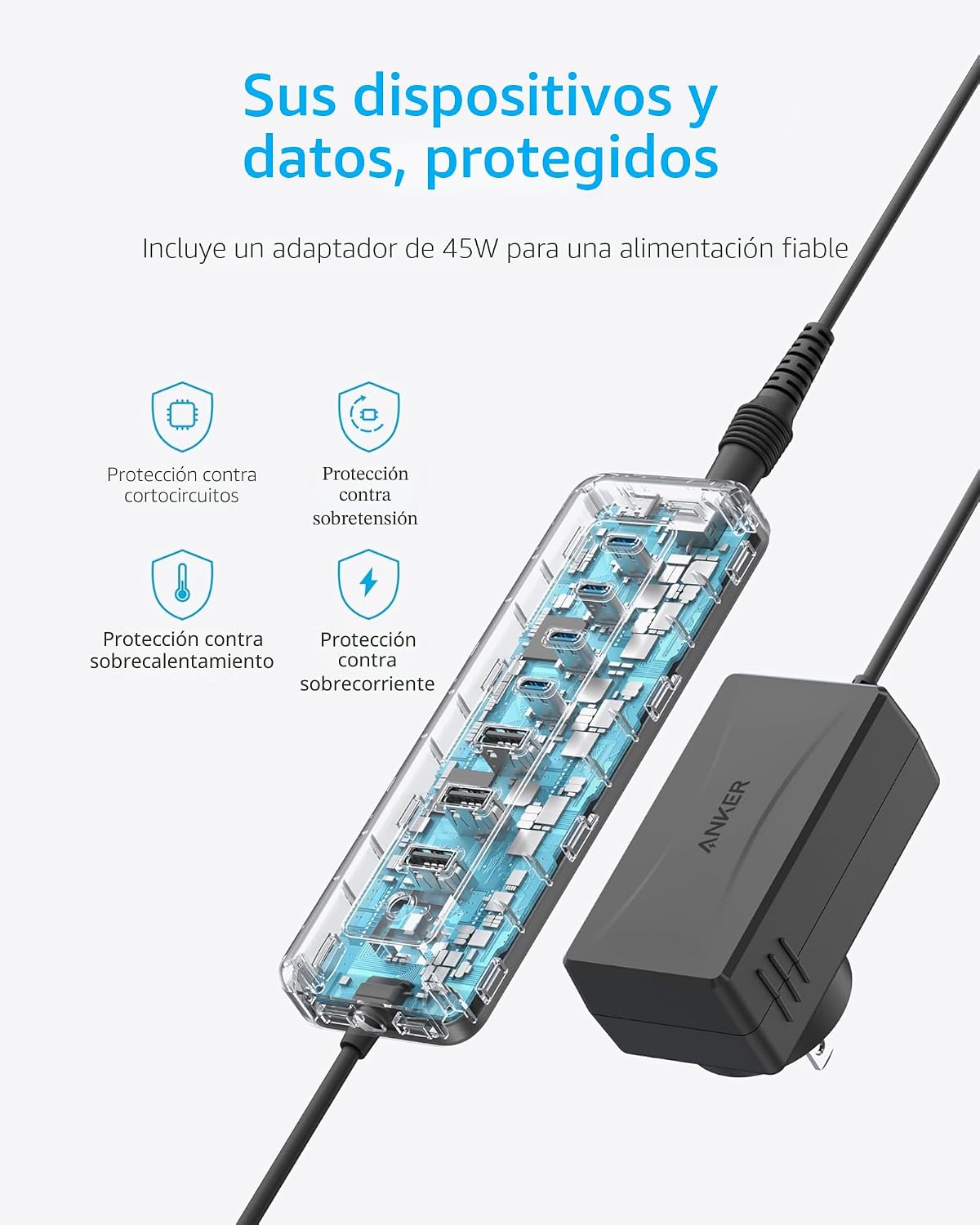 Anker, A8307, hub USB 2 de 3 puertos, alimentado