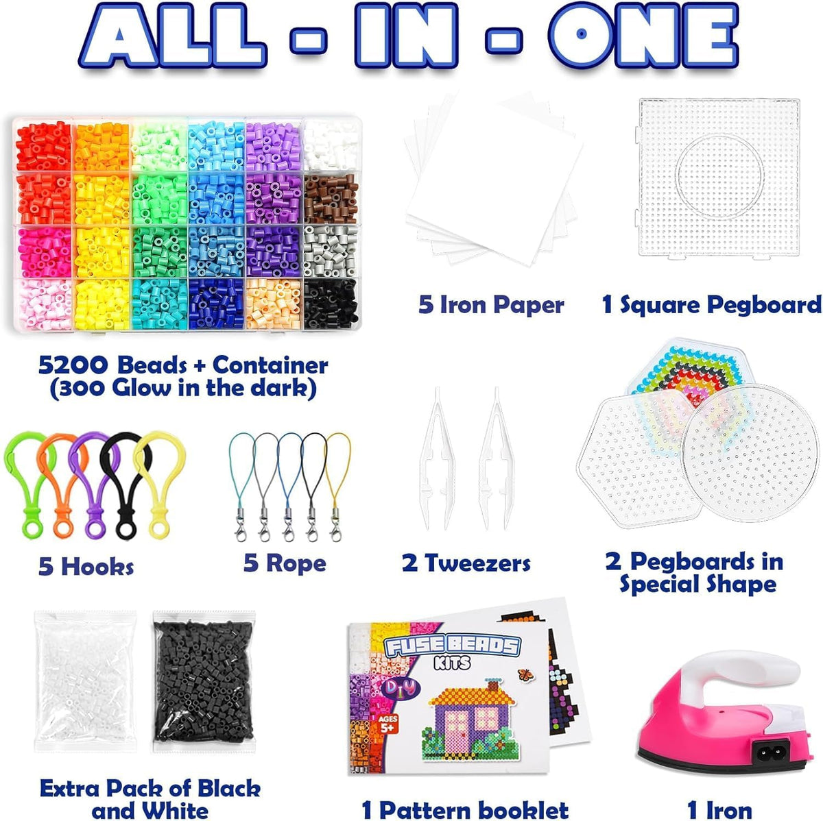 FUNZBO Kit de 5200 cuentas fusibles de 0.197 in con mini hierro, 24 colores, 111 patrones, artes y manualidades de Pascua para niñas y niños, juego de juguetes para niños, decoraciones artísticas