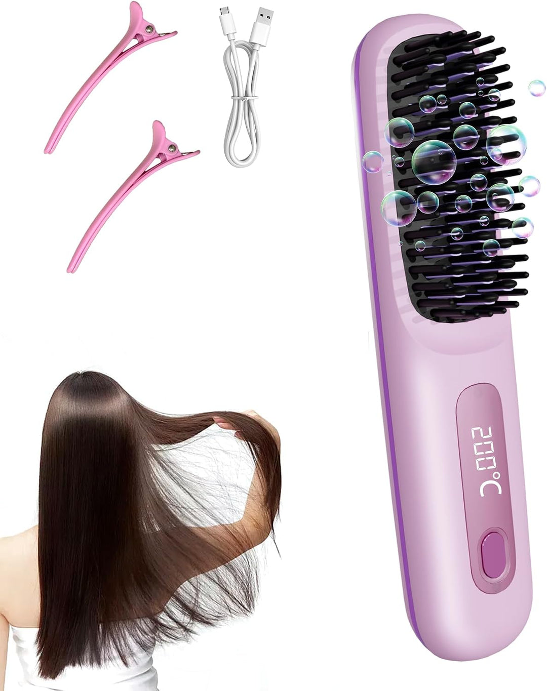 Go Brush Pro for Short Hair, Cordless Hair Straightener Brush (Pink...