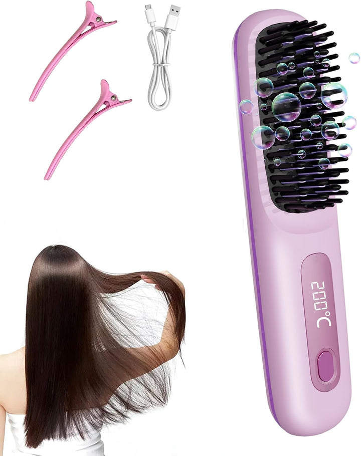 Go Brush Pro for Short Hair, Cordless Hair Straightener Brush (Pink...