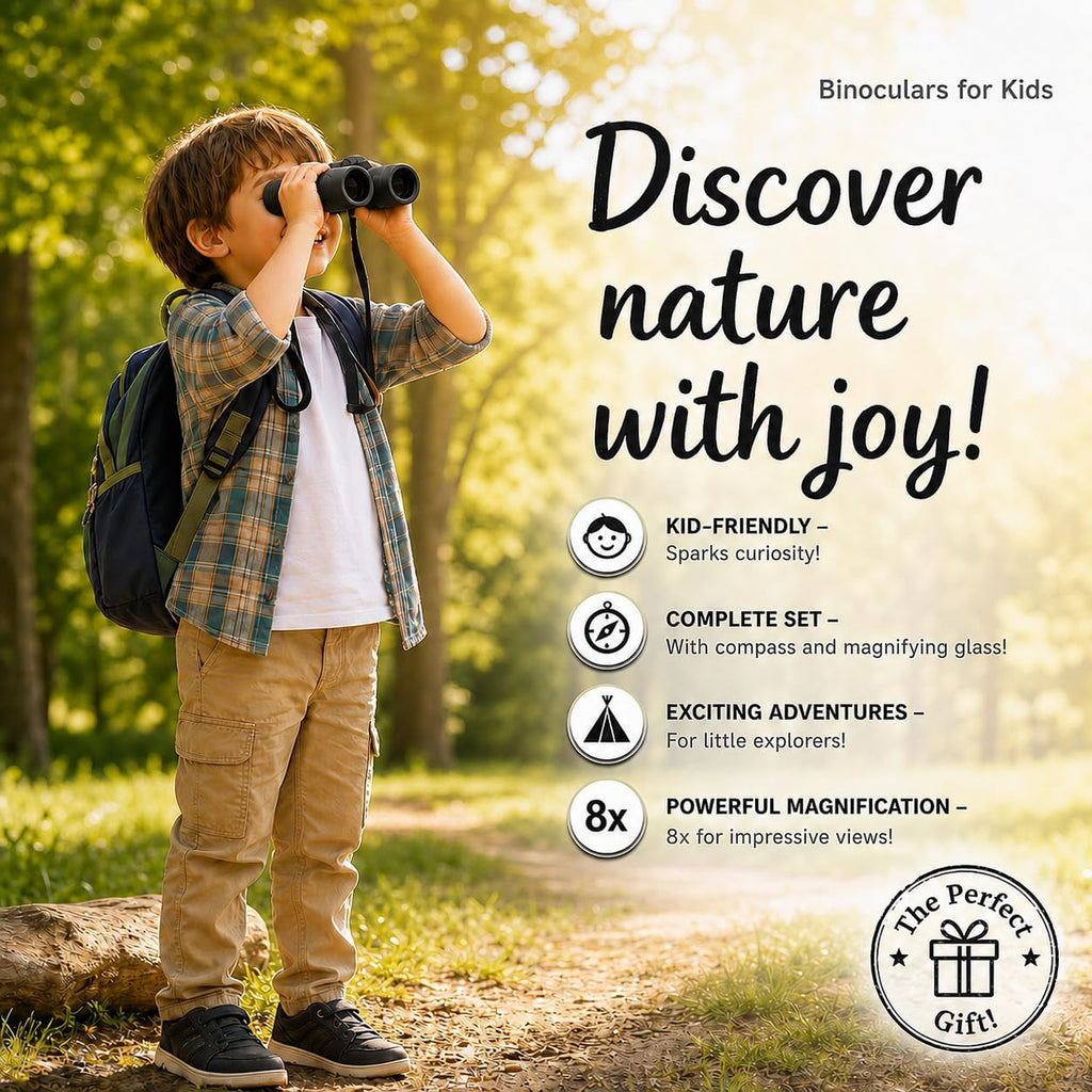 Binoculares para niños – Juguete perfecto para niños pequeños y niñas – Juego extenso que incluye lupa y brújula – Potente aumento 8 x 21 – niños de 3 a 12 años para niños pequeños