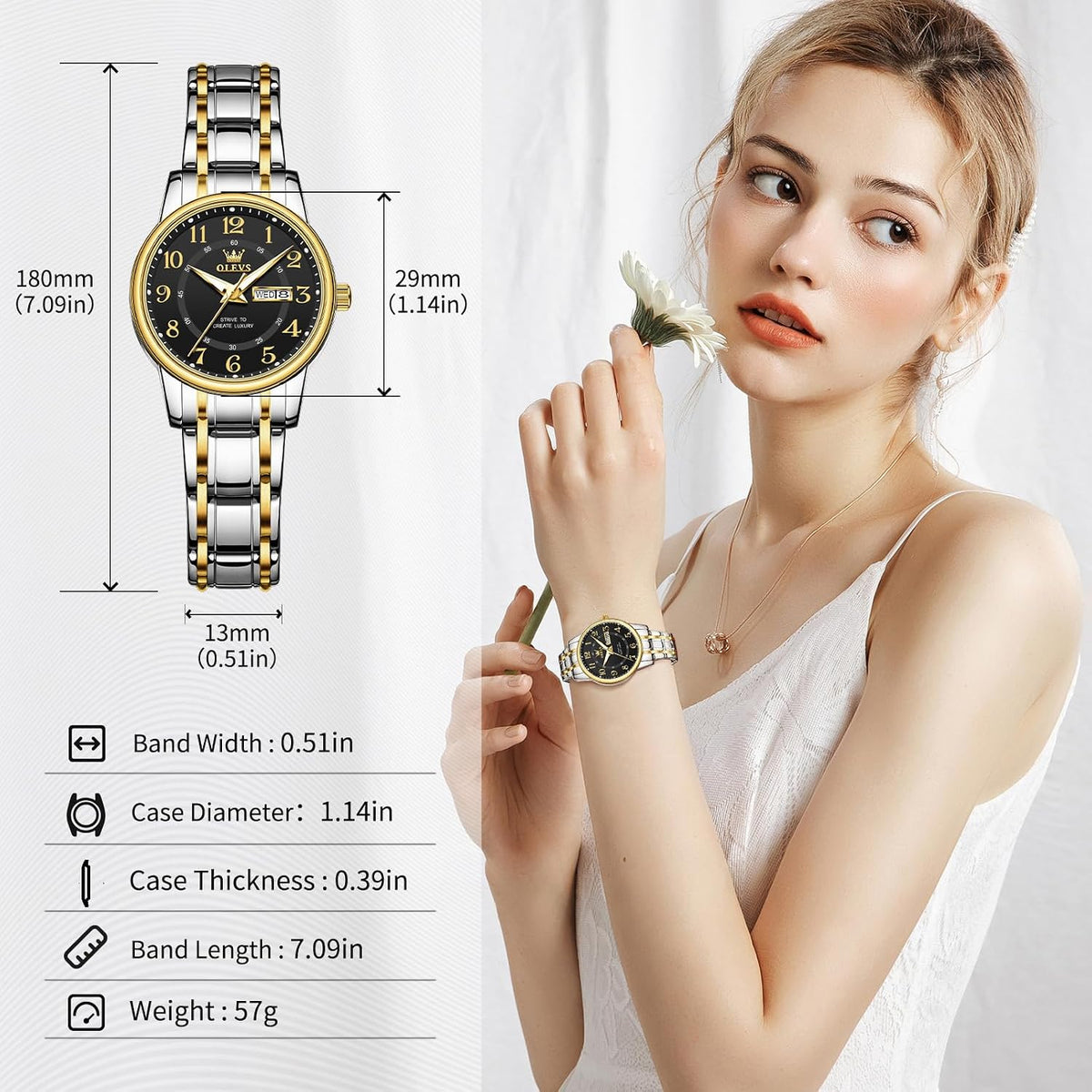 OLEVS Relojes para mujer Vestido 30M Banda larga impermeable para muñecas