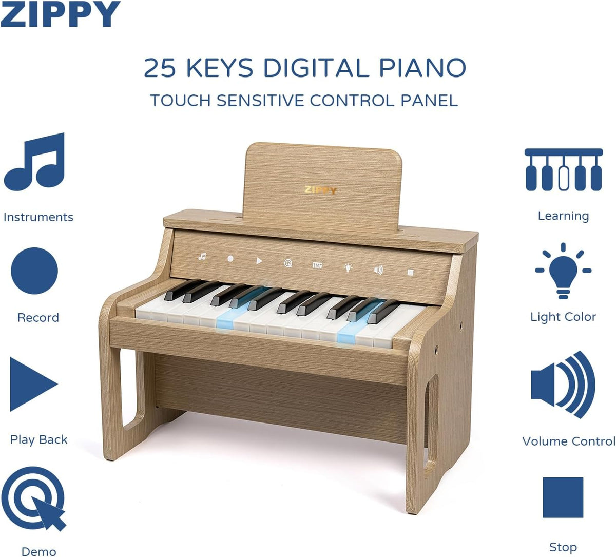 ZIPPY Piano infantil iluminado de 25 teclas con panel de control táctil