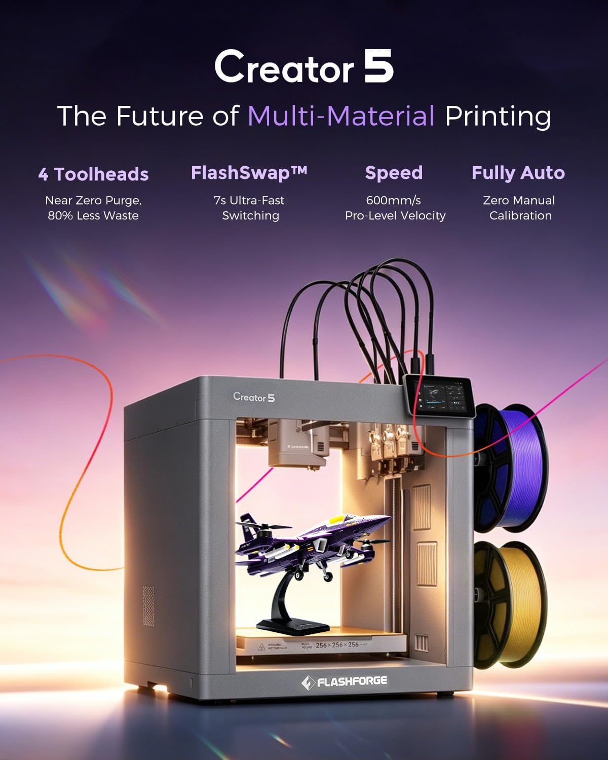 FLASHFORGE Creator 5 - Impresora 3D cambiadora de 4 cabezales de herramientas, impresión multicolor y multimaterial, sistema de residuos casi cero, 7s FlashSwap, eliminación de soporte limpio