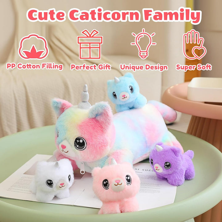 SQEQE Gato Unicornio de Peluche Mamá Gato Unicornio con 4 Lindos Ga...
