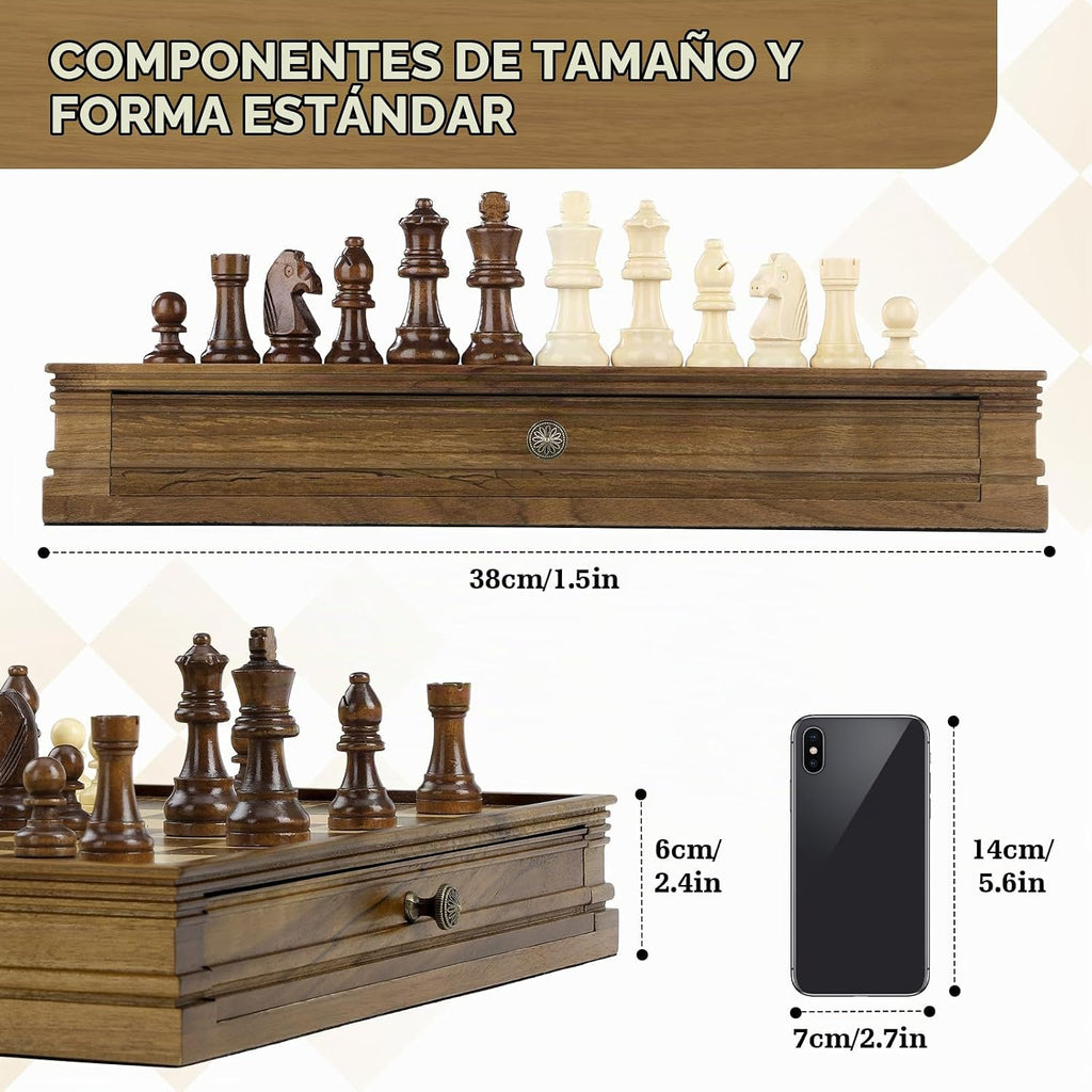Peradix - Juego de ajedrez magnético y damas de 15 pulgadas con 2 cajones