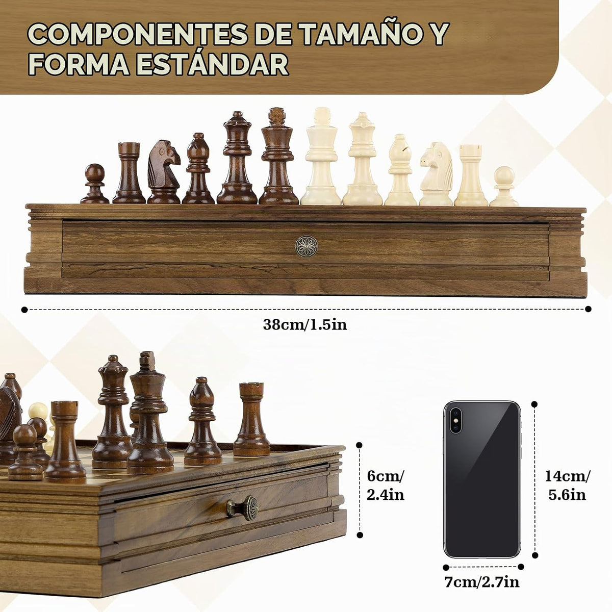 Peradix - Juego de ajedrez magnético y damas de 15 pulgadas con 2 cajones