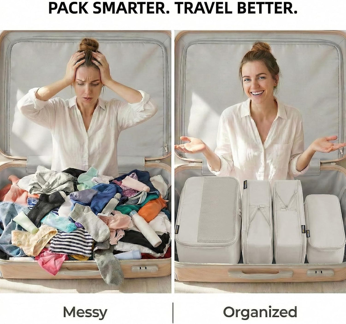 Cubos de embalaje de compresión para viajes, juego de 4 cubos de embalaje ligeros para maletas y mochilas, organizador que ahorra espacio para ropa, Blanco roto 4L, 4 grandes