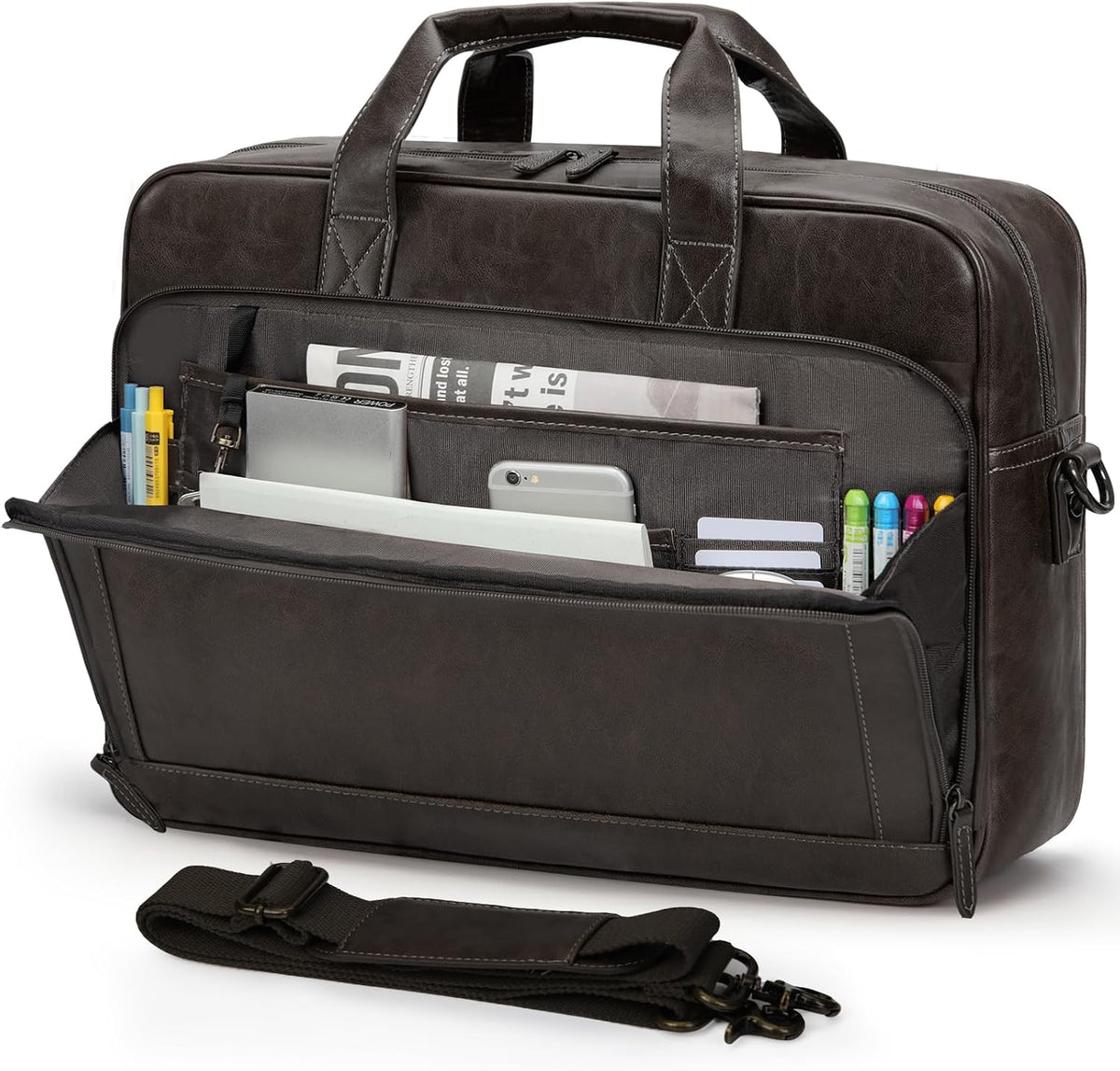 RAINSMORE Bolsa de hombro para computadora portátil de 16 pulgadas para hombres, maletín de cuero vintage, bolsa de mensajero para hombres de gran tamaño, bolsa de hombro cruzada para oficina, bolsa