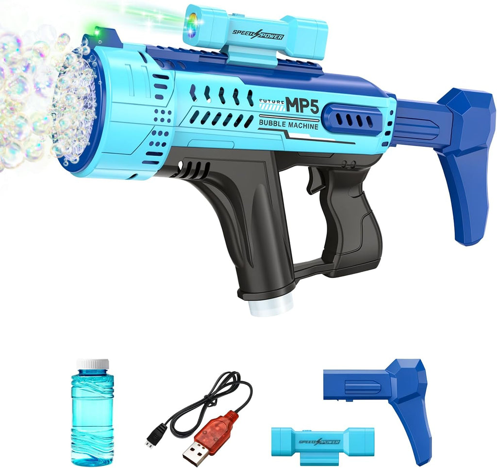 Pistola de burbujas, máquina de burbujas de 57 agujeros, juguetes para niños y niñas con luz colorida, verano al aire libre, fiesta de cumpleaños, regalos de Halloween, color azul