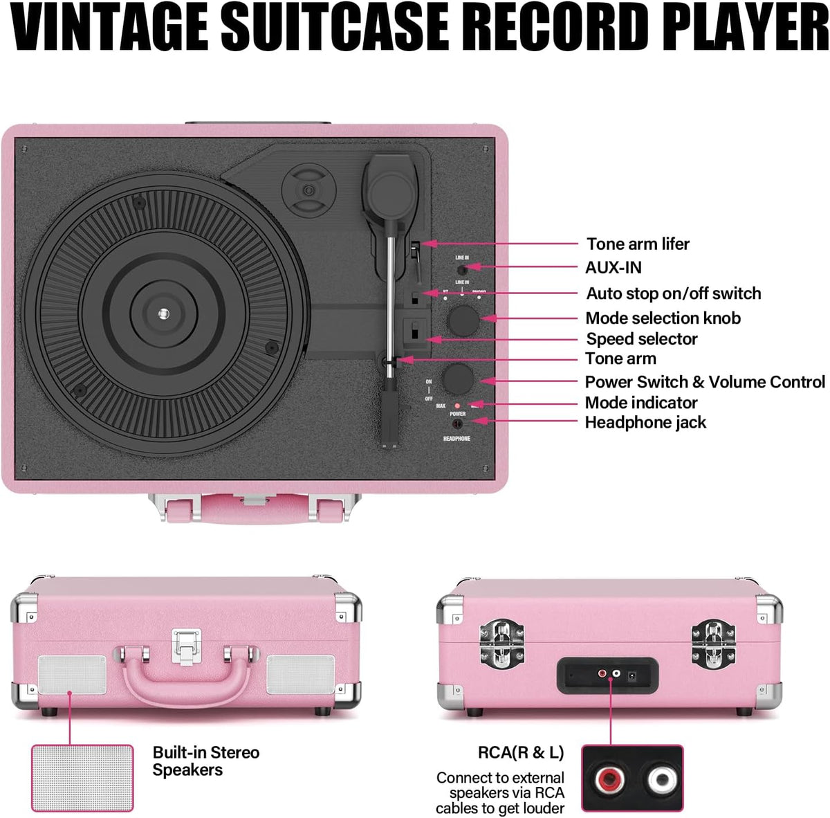 Reproductor de Discos de Vinilo 3-Velocidades Bluetooth Maleta Portátil con Correa Integrada, Reproductor de Discos con Bocinas Integradas, Salida de Línea RCA, Entrada AUX, Conector para Auriculares
