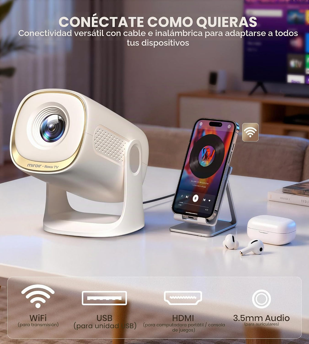 Miroir Mini proyector, proyector HD para el hogar con altavoz integrado, enfoque automático, corrección Keystone, portátil para películas al aire libre, compatible con smartphone, TV Stick, laptop