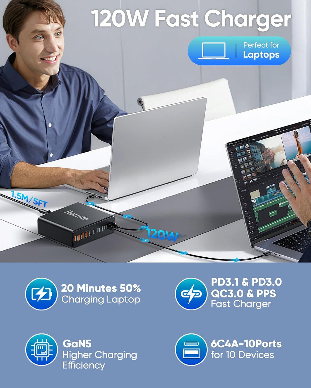 Estación de carga USB C de 1000W, bloque de cargador USB C súper rápido de