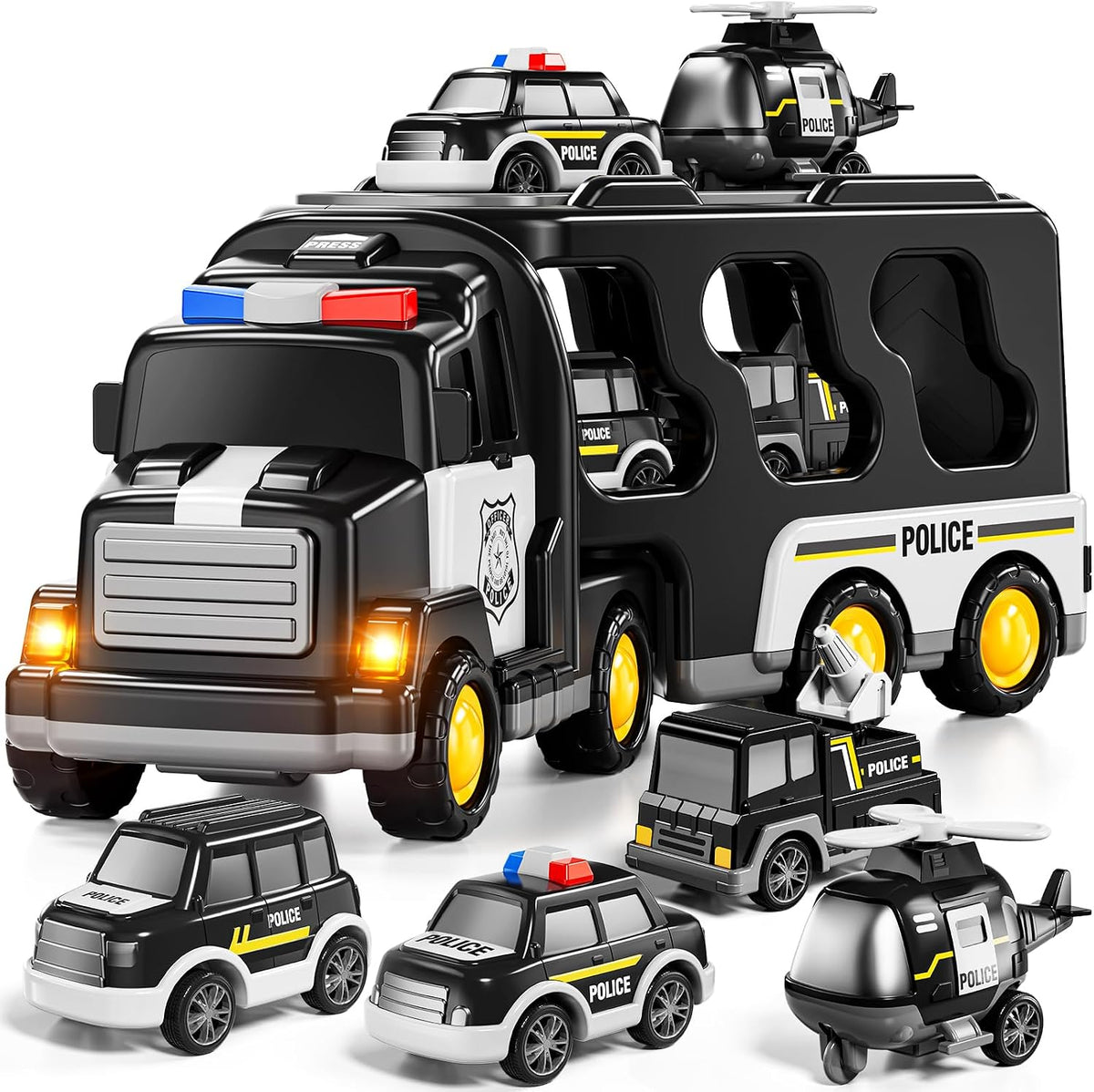 Camión de Policía de Juguete para Niños de 3 4 5 6 Años - Juego de Vehículo Portador con 3 Autos Pequeños y 1 Helicóptero, Auto de Fricción para Niños de 3-9 Años, Regalos para Niños y Niñas
