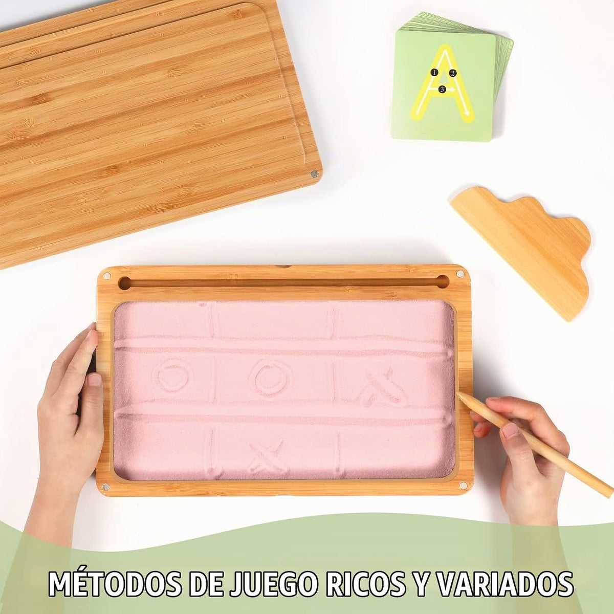 AtMini Montessori Bandeja de arena con tapa, bandejas de arena de madera para niños que escriben letras y números, imprescindibles para el aula preescolar, herramientas de aprendizaje de jardín de